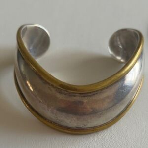 Vintage Funky Modernist Sterling Silver 925 Brass Curved Concave Cuff Bracelet